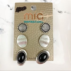 💕 Silver and Black Disk Post Earring Trio Lot NEW